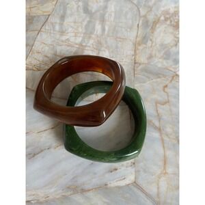 Vintage Style Chunky Square Bangle Bracelet Set Amber Tortoise & Marbled Green